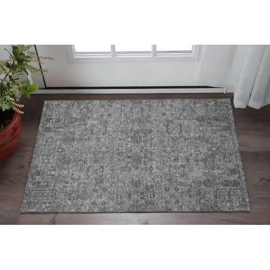 Charcoal And Silver Floral Washable Area Rug With UV Protection Photo 2