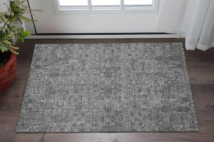 Charcoal And Silver Floral Washable Area Rug With UV Protection Photo 2