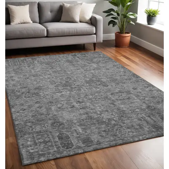 Charcoal And Silver Floral Washable Area Rug With UV Protection Photo 2