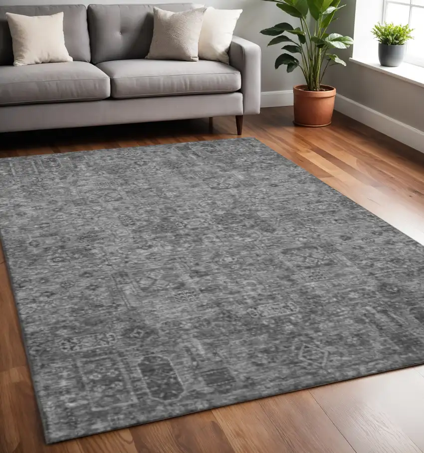 Charcoal And Silver Floral Washable Area Rug With UV Protection Photo 2