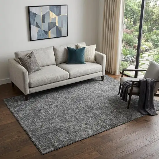 Charcoal And Silver Floral Washable Area Rug With UV Protection Photo 1