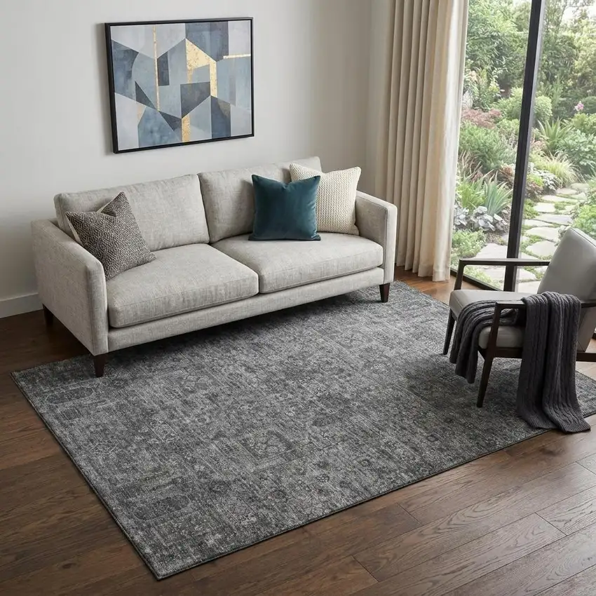 Charcoal And Silver Floral Washable Area Rug With UV Protection Photo 1