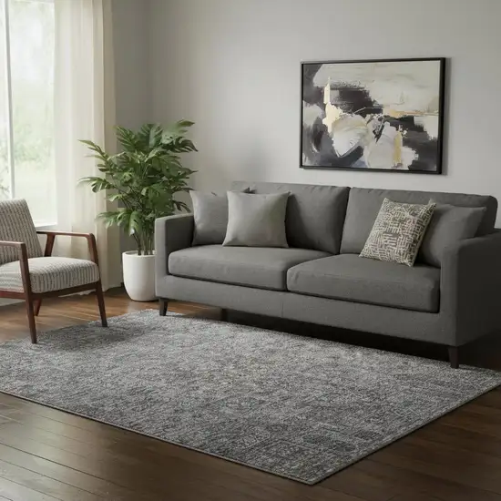 Charcoal And Silver Floral Washable Area Rug With UV Protection Photo 1