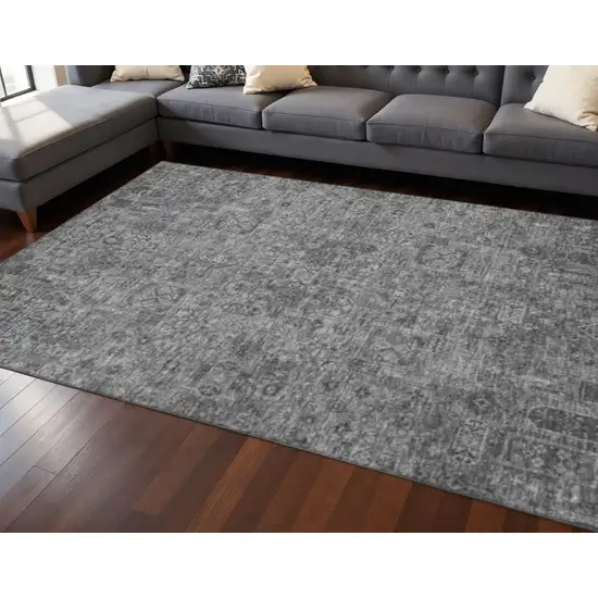 Charcoal And Silver Floral Washable Area Rug With UV Protection Photo 2