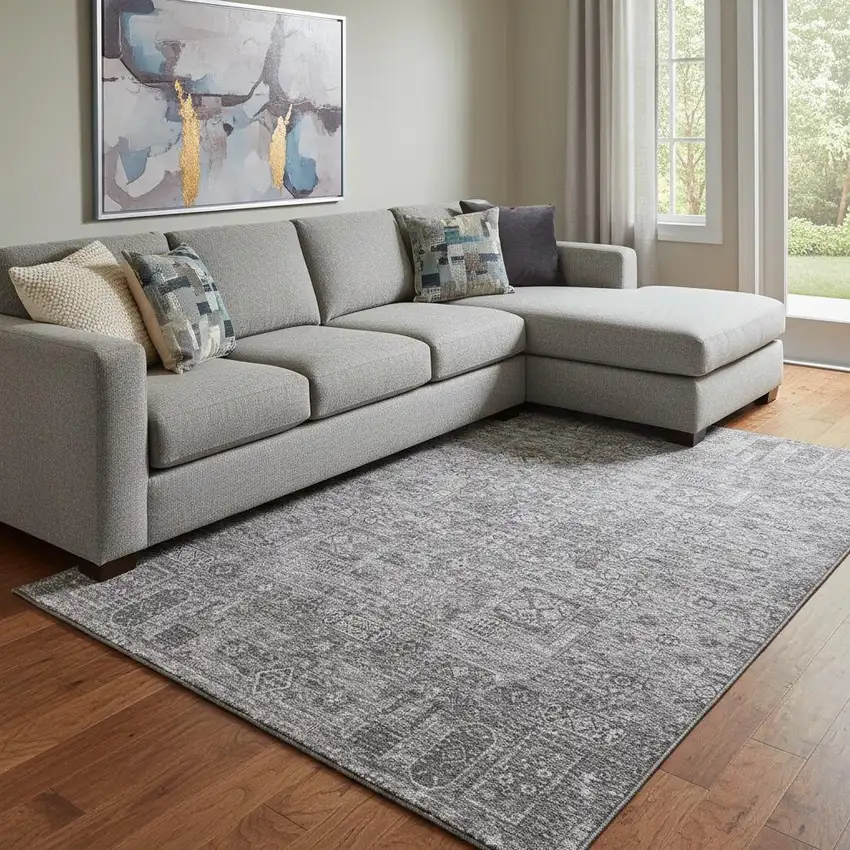 Charcoal And Silver Floral Washable Area Rug With UV Protection Photo 1