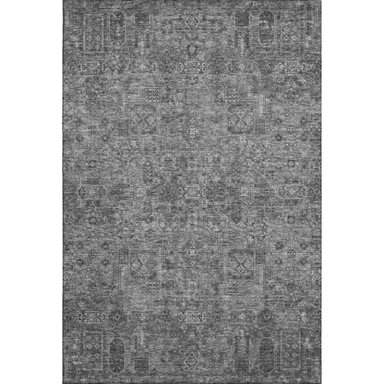 Charcoal And Silver Floral Washable Area Rug With UV Protection Photo 1