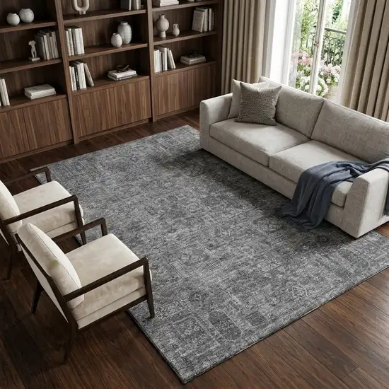 Charcoal And Silver Floral Washable Area Rug With UV Protection Photo 1