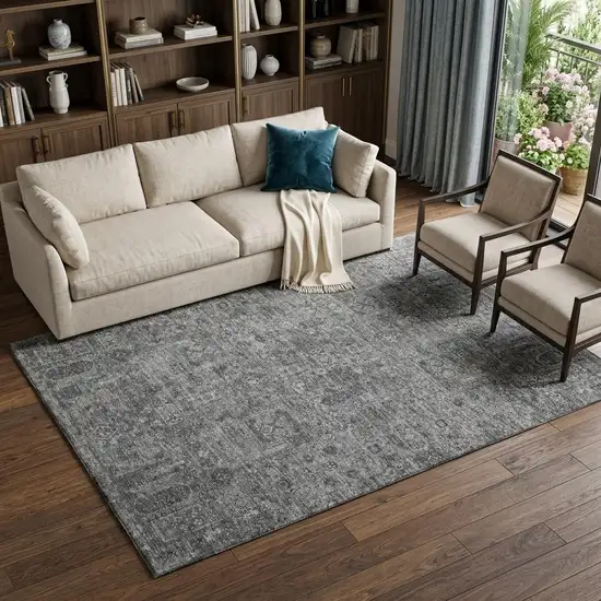 Charcoal And Silver Floral Washable Area Rug With UV Protection Photo 1
