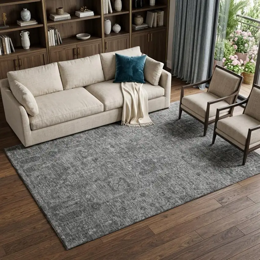 Charcoal And Silver Floral Washable Area Rug With UV Protection Photo 1