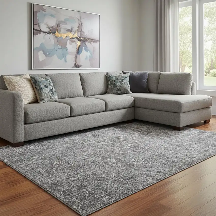 Charcoal And Silver Floral Washable Area Rug With UV Protection Photo 1