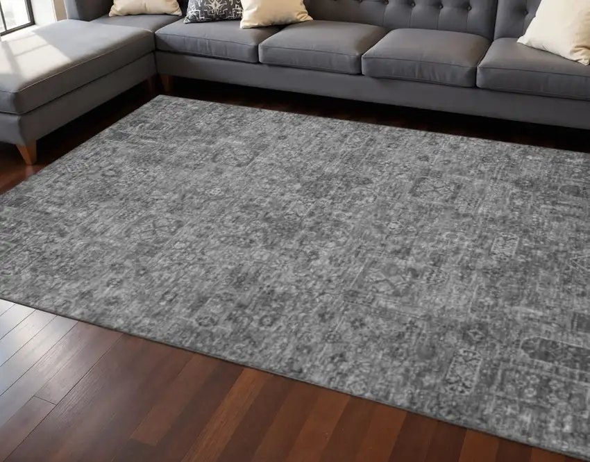 Charcoal And Silver Floral Washable Area Rug With UV Protection Photo 2