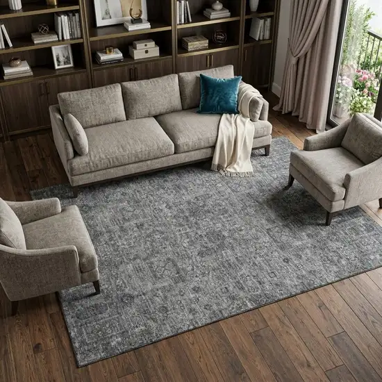 Charcoal And Silver Floral Washable Area Rug With UV Protection Photo 1
