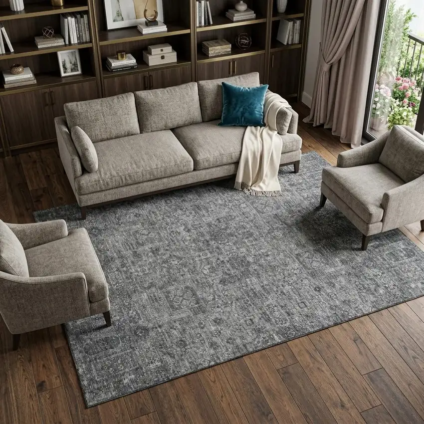 Charcoal And Silver Floral Washable Area Rug With UV Protection Photo 1