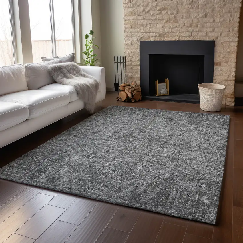 Charcoal And Silver Floral Washable Area Rug With UV Protection Photo 5