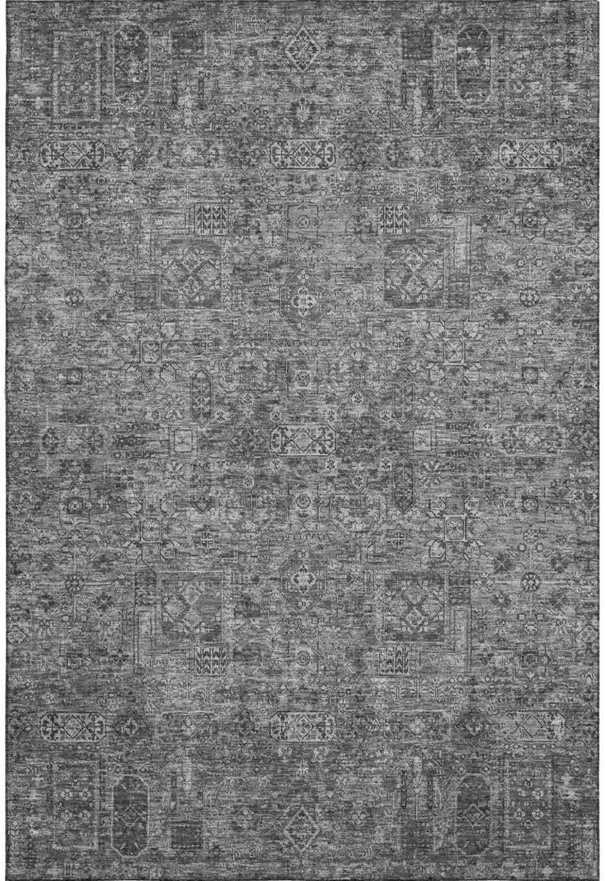 Charcoal And Silver Floral Washable Area Rug With UV Protection Photo 1