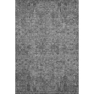 Photo of Charcoal And Silver Floral Washable Area Rug With UV Protection