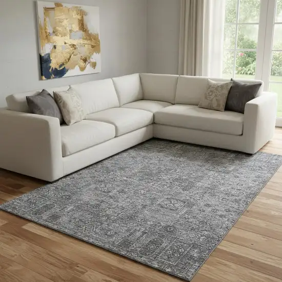 Charcoal And Silver Floral Washable Area Rug With UV Protection Photo 1