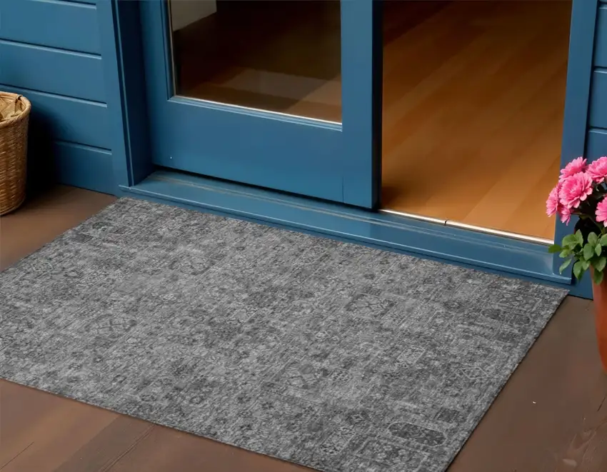 Charcoal And Silver Floral Washable Indoor Outdoor Area Rug Photo 1