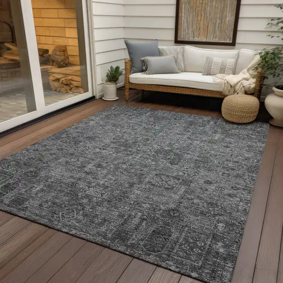 Charcoal And Silver Floral Washable Indoor Outdoor Area Rug Photo 7