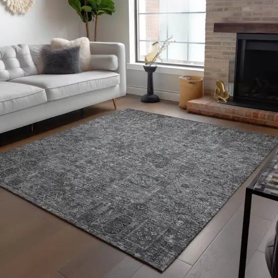 Charcoal And Silver Floral Washable Indoor Outdoor Area Rug Photo 9