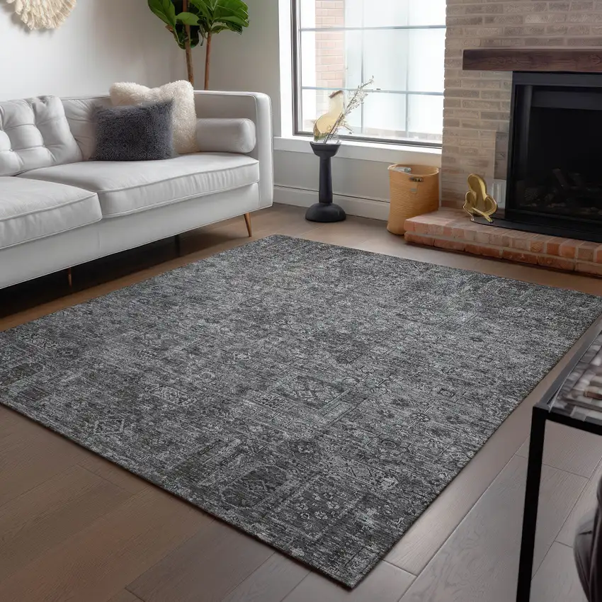 Charcoal And Silver Floral Washable Indoor Outdoor Area Rug Photo 9