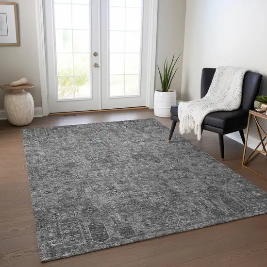 Charcoal And Silver Floral Washable Indoor Outdoor Area Rug Photo 8