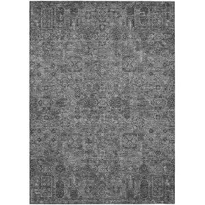 Photo of Charcoal And Silver Floral Washable Indoor Outdoor Area Rug