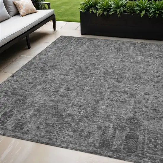 Charcoal And Silver Floral Washable Indoor Outdoor Area Rug Photo 1