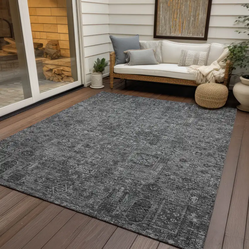 Charcoal And Silver Floral Washable Indoor Outdoor Area Rug Photo 9
