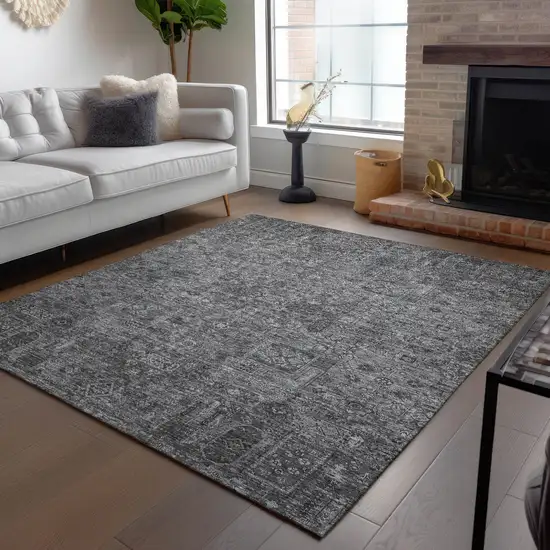 Charcoal And Silver Floral Washable Indoor Outdoor Area Rug Photo 9