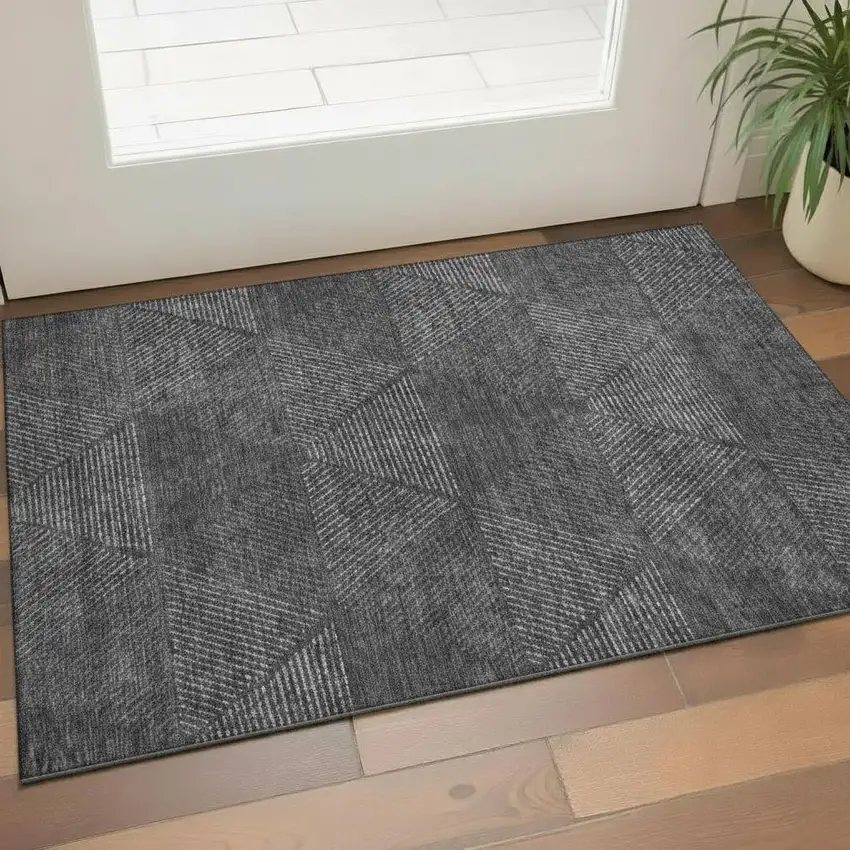 Charcoal And Silver Geometric Washable Area Rug With UV Protection Photo 1