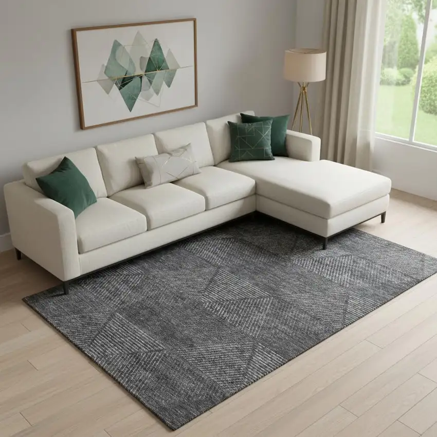 Charcoal And Silver Geometric Washable Area Rug With UV Protection Photo 1