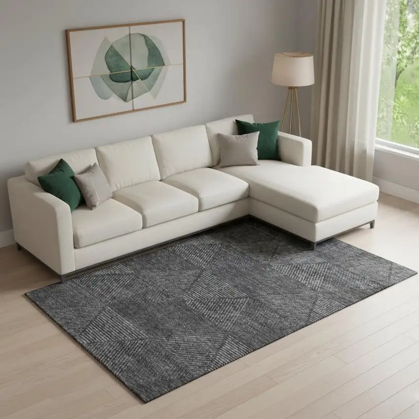 Charcoal And Silver Geometric Washable Area Rug With UV Protection Photo 1