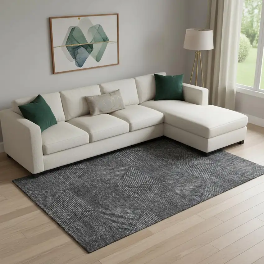 Charcoal And Silver Geometric Washable Area Rug With UV Protection Photo 1