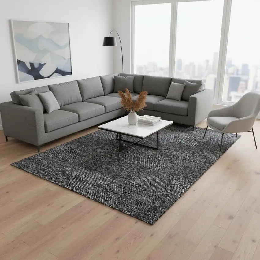 Charcoal And Silver Geometric Washable Area Rug With UV Protection Photo 2