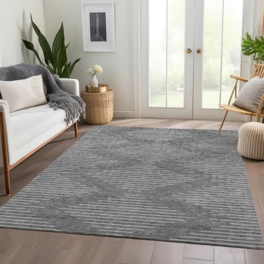 Charcoal And Silver Geometric Washable Area Rug With UV Protection Photo 5