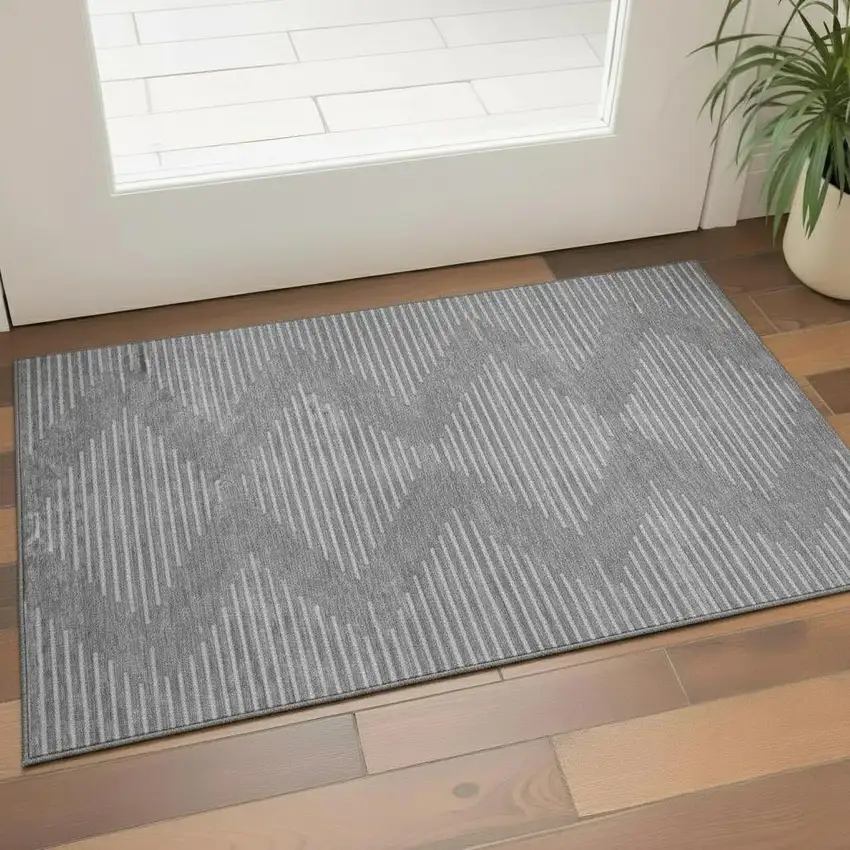 Charcoal And Silver Geometric Washable Area Rug With UV Protection Photo 2