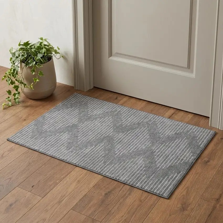 Charcoal And Silver Geometric Washable Area Rug With UV Protection Photo 1