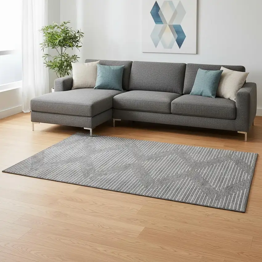 Charcoal And Silver Geometric Washable Area Rug With UV Protection Photo 2