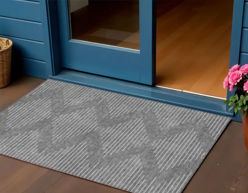 Charcoal And Silver Geometric Washable Indoor Outdoor Area Rug Photo 1