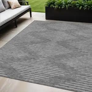 Photo of Charcoal And Silver Geometric Washable Indoor Outdoor Area Rug