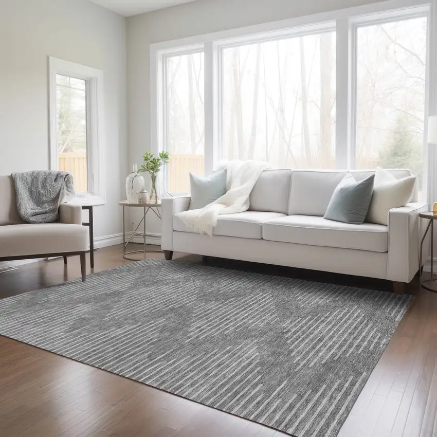 Charcoal And Silver Geometric Washable Indoor Outdoor Area Rug Photo 9