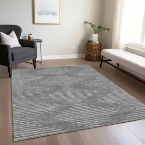 Photo of Charcoal And Silver Geometric Washable Indoor Outdoor Area Rug