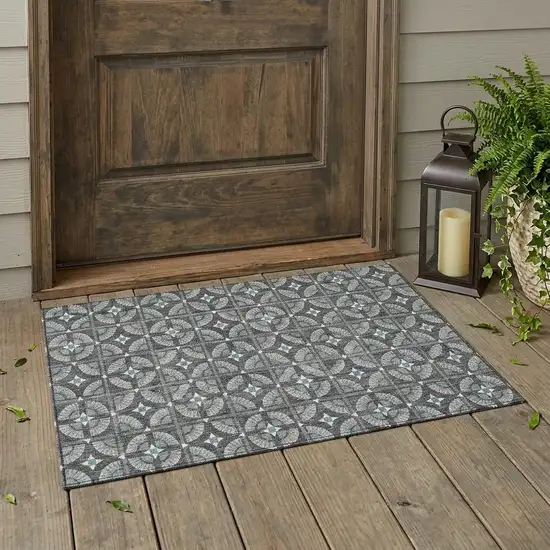 Charcoal And Silver Geometric Washable Indoor Outdoor Area Rug Photo 1