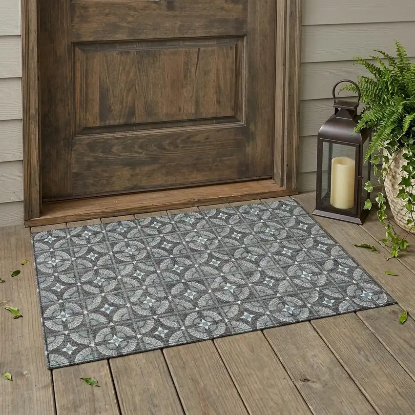 Charcoal And Silver Geometric Washable Indoor Outdoor Area Rug Photo 1