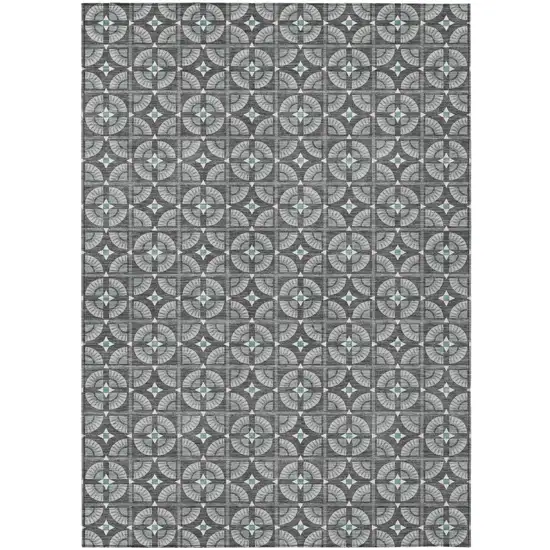 Charcoal And Silver Geometric Washable Indoor Outdoor Area Rug Photo 2