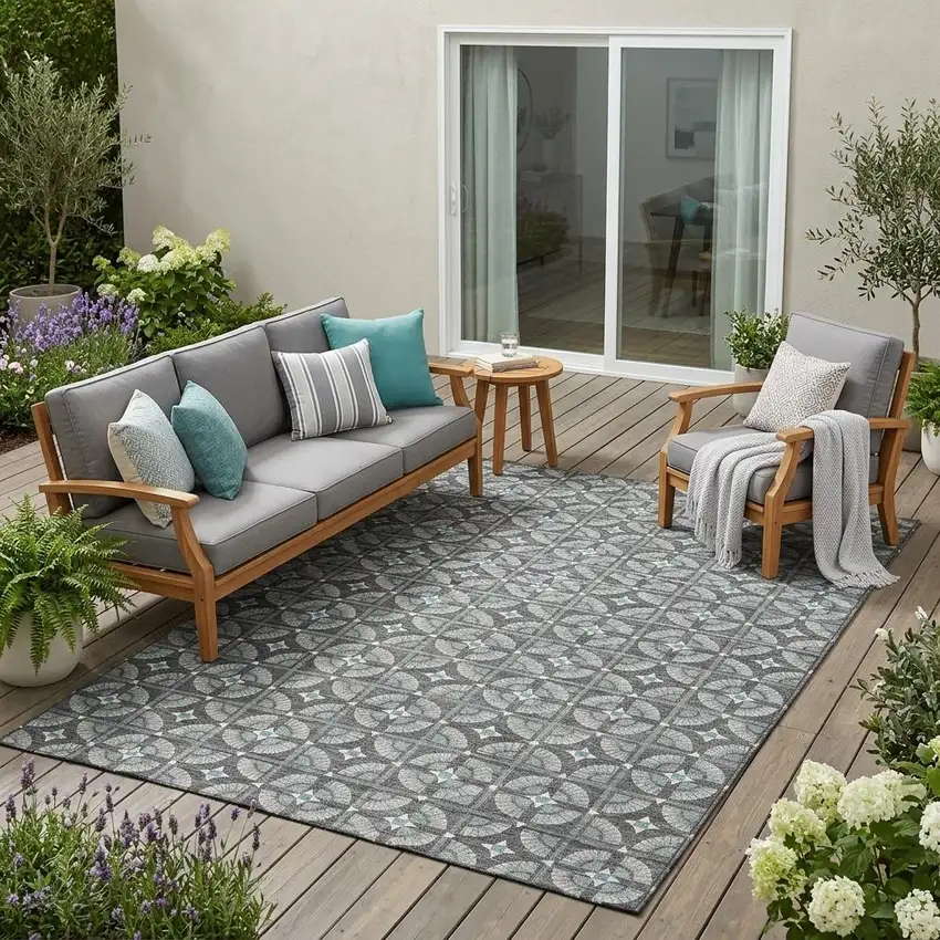 Charcoal And Silver Geometric Washable Indoor Outdoor Area Rug Photo 1