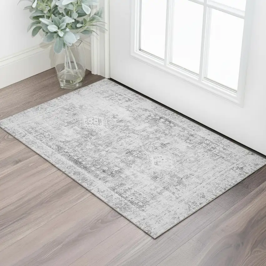 Charcoal And Silver Oriental Washable Area Rug With UV Protection Photo 2