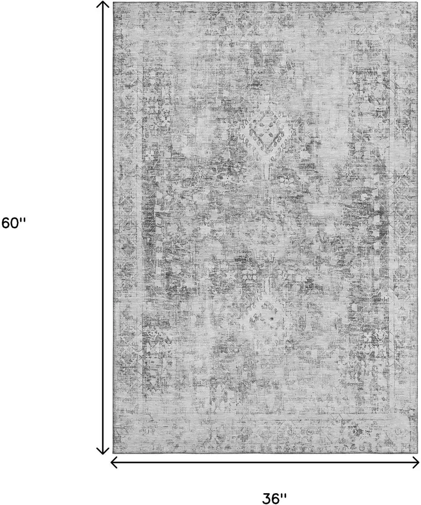 Charcoal And Silver Oriental Washable Area Rug With UV Protection Photo 3