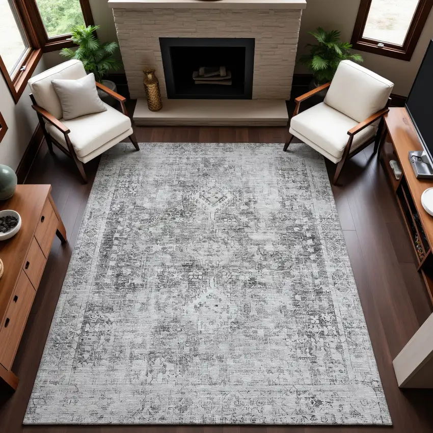 Charcoal And Silver Oriental Washable Area Rug With UV Protection Photo 5
